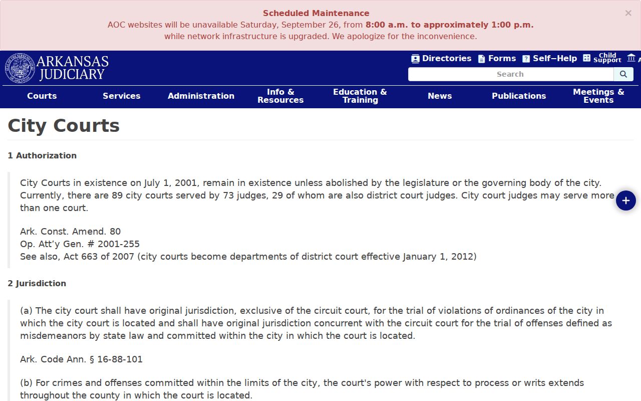 Arkansas bench-warrant court structure shown in the Judiciary City Courts explanation