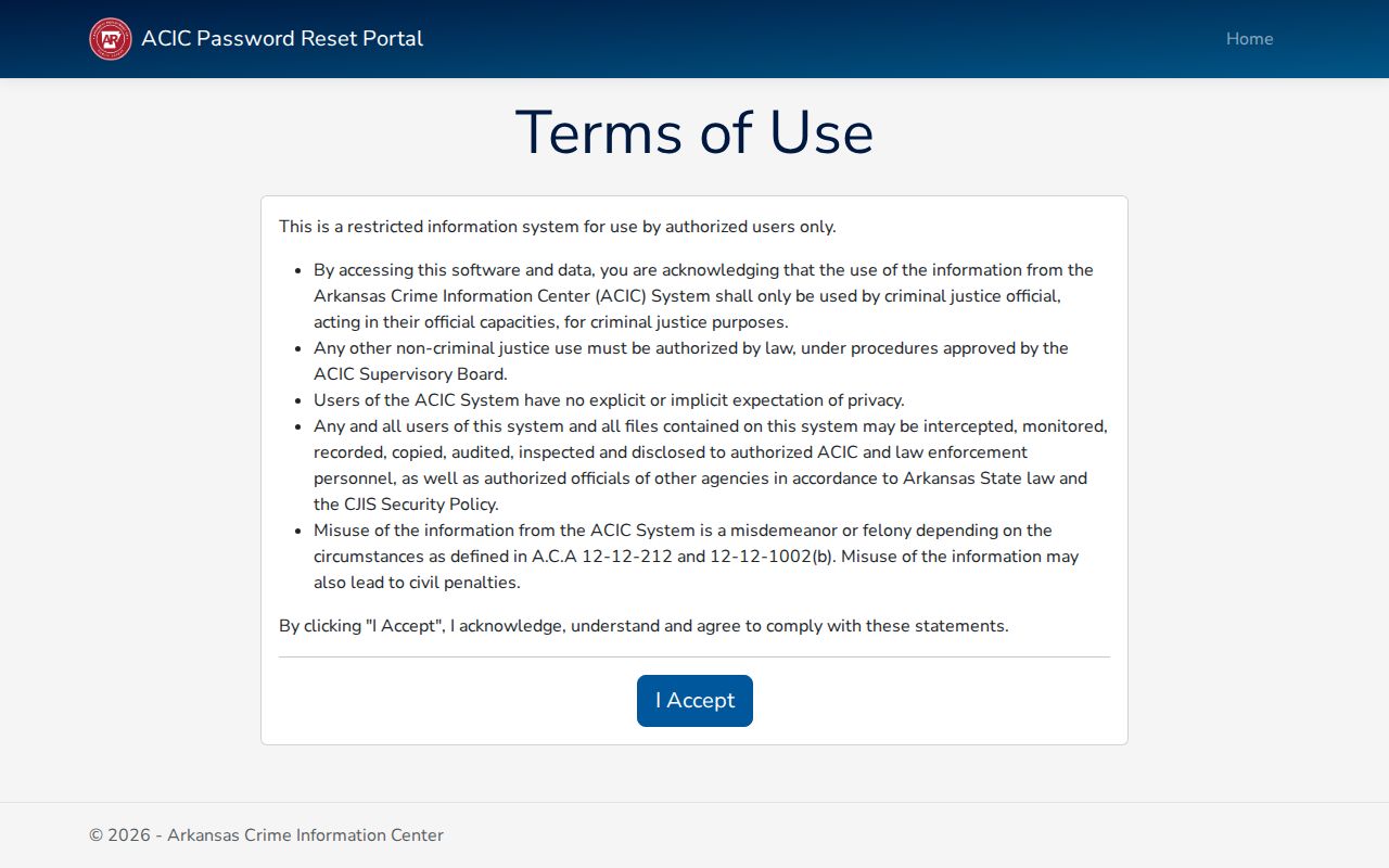 Arkansas warrant system access gate on the restricted ACIC portal