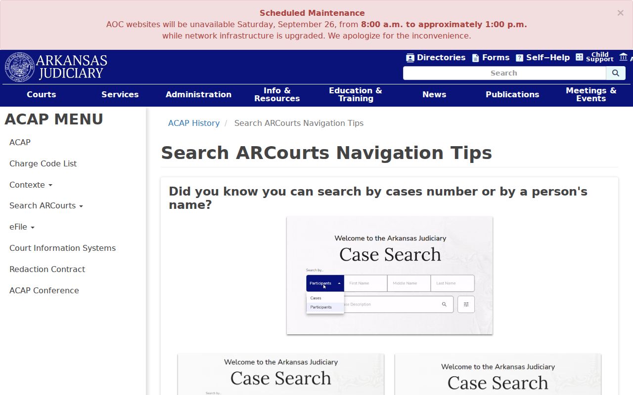 Arkansas warrant-check reference showing Search ARCourts name-search guidance