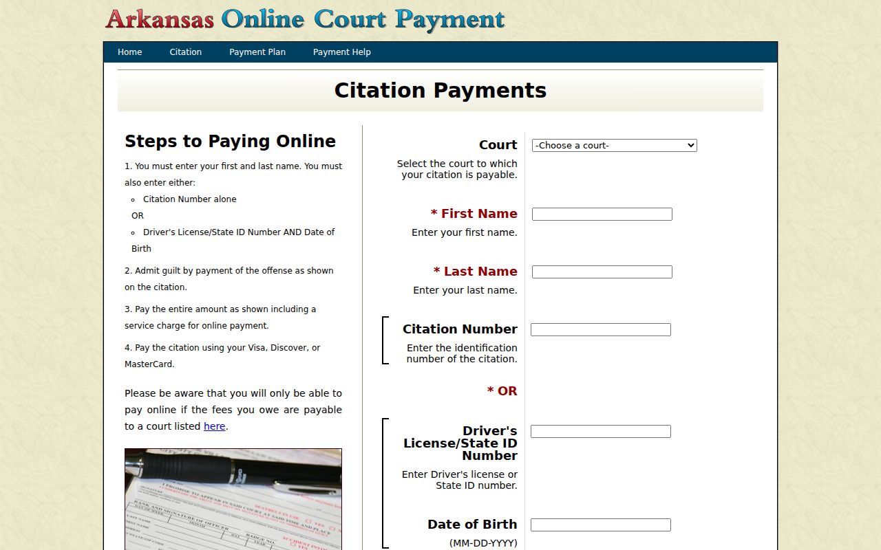 Arkansas traffic warrant citation search through the eTraffic court selector