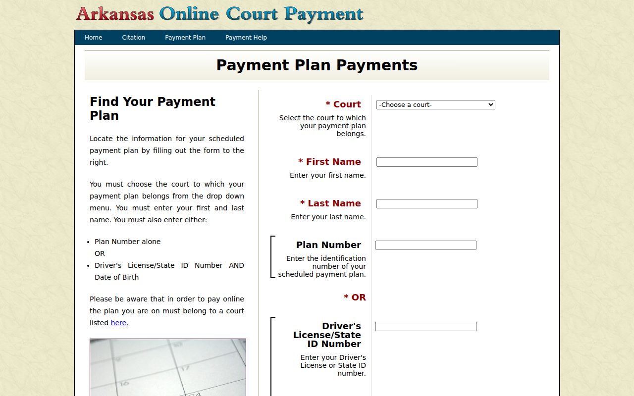 Arkansas traffic warrant payment-plan search fields in eTraffic