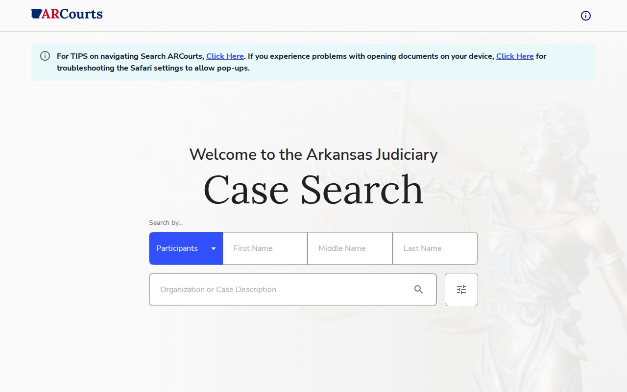 Arkansas warrant records reference showing public Search ARCourts case-search controls