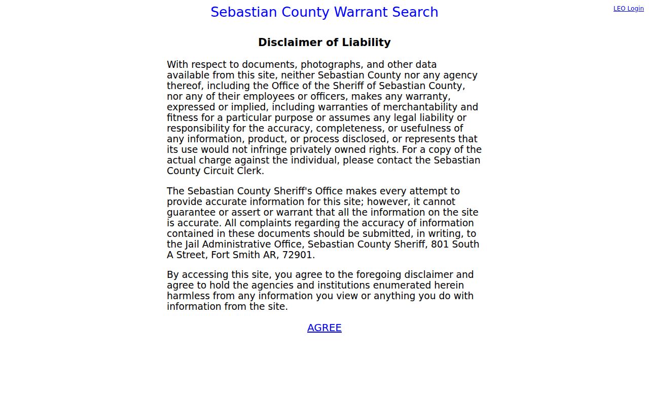 Arkansas active warrant search reference showing a county portal terms and accuracy notice
