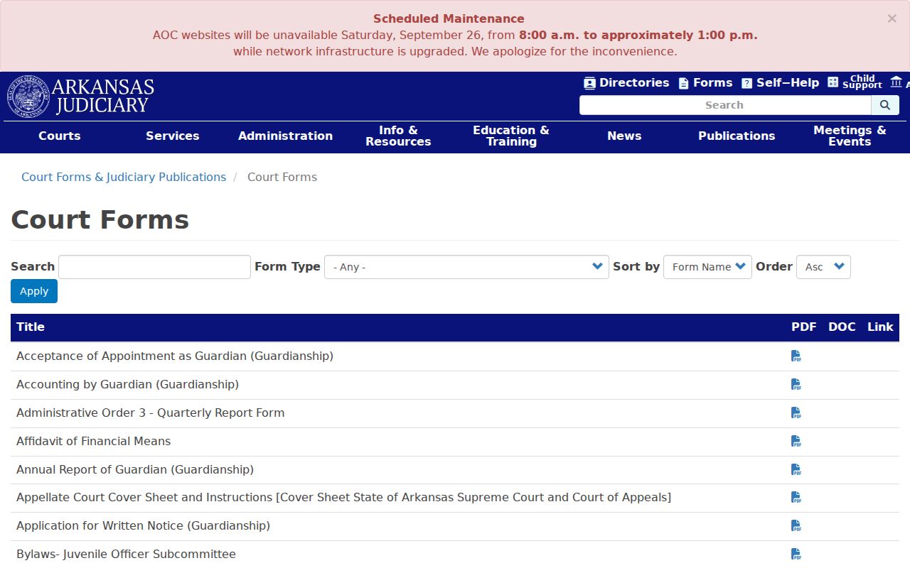 Arkansas bench-warrant reference showing the Judiciary's searchable court-forms catalog